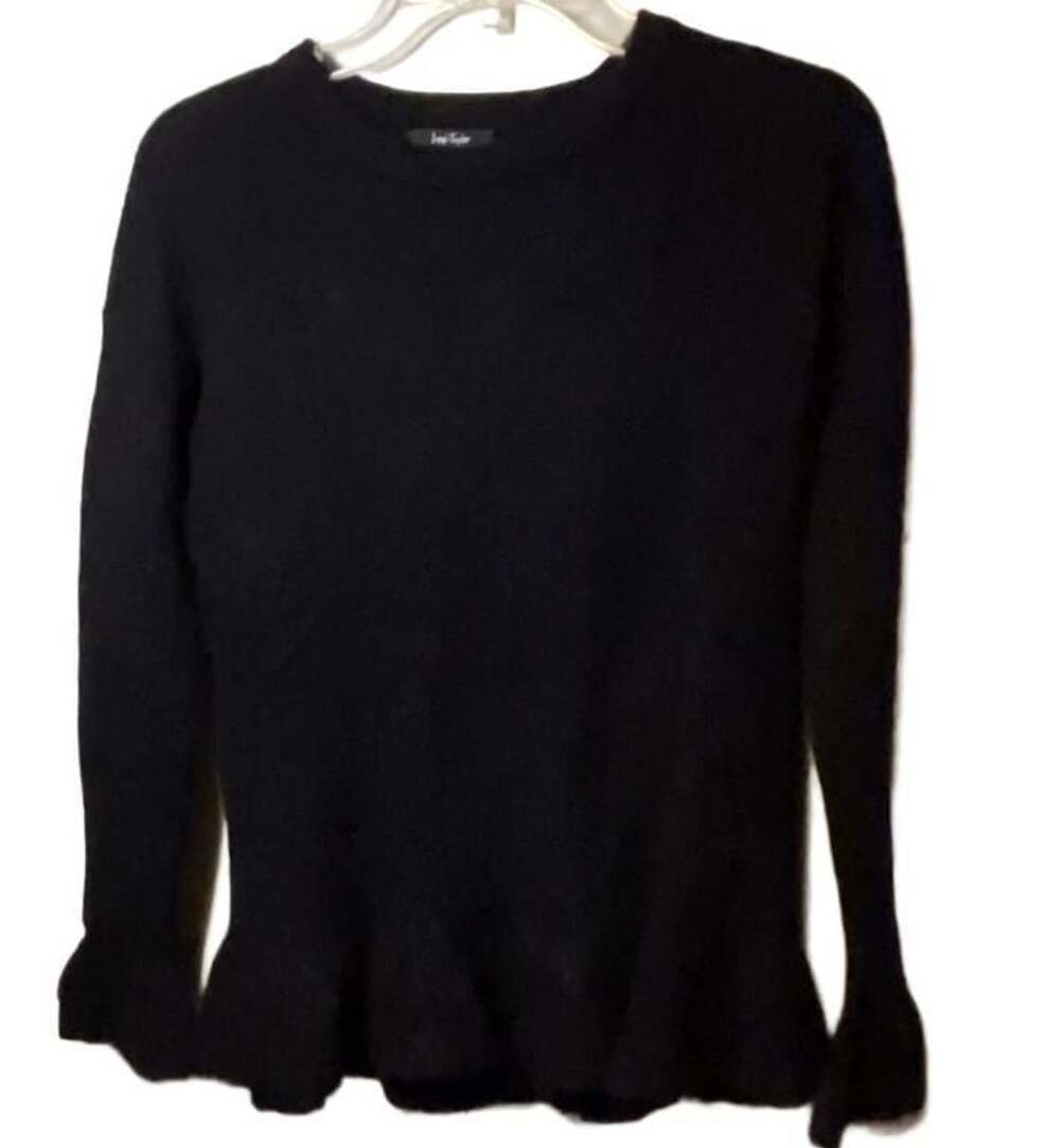 Lord & Taylor 100% Cashmere Ruffle Hem Cuffs Crewneck Sweater Black Petite Small